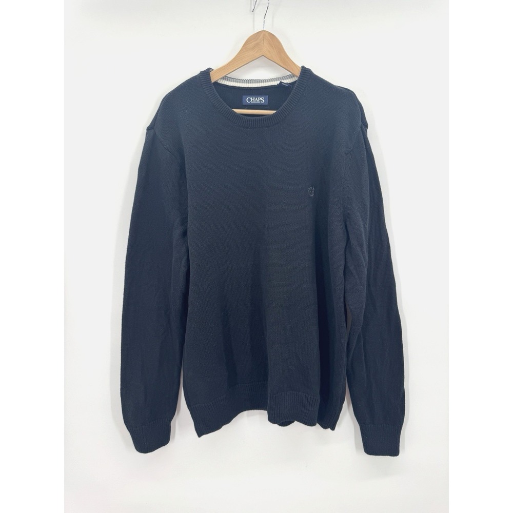 Chaps Men XL Crew Neck Sweater Black Chunky Knit Cotton Retro Fisherman Preppy
